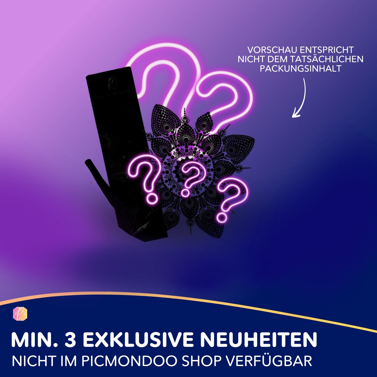 Diamond Painting Mystery-Box mit Mandala-Motiv und leuchtenden Fragezeichen für exklusive DIY Bastelsets