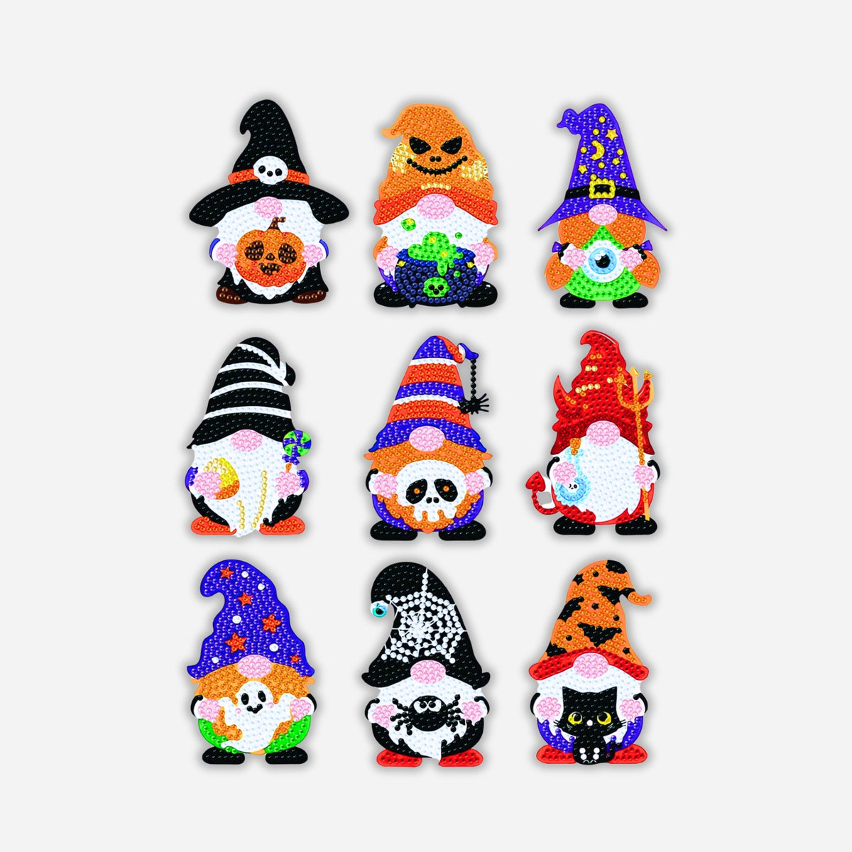 Set aus 9 bunten Diamond Painting Untersetzern mit Halloween Zwergen Motiven und Glitzersteinen