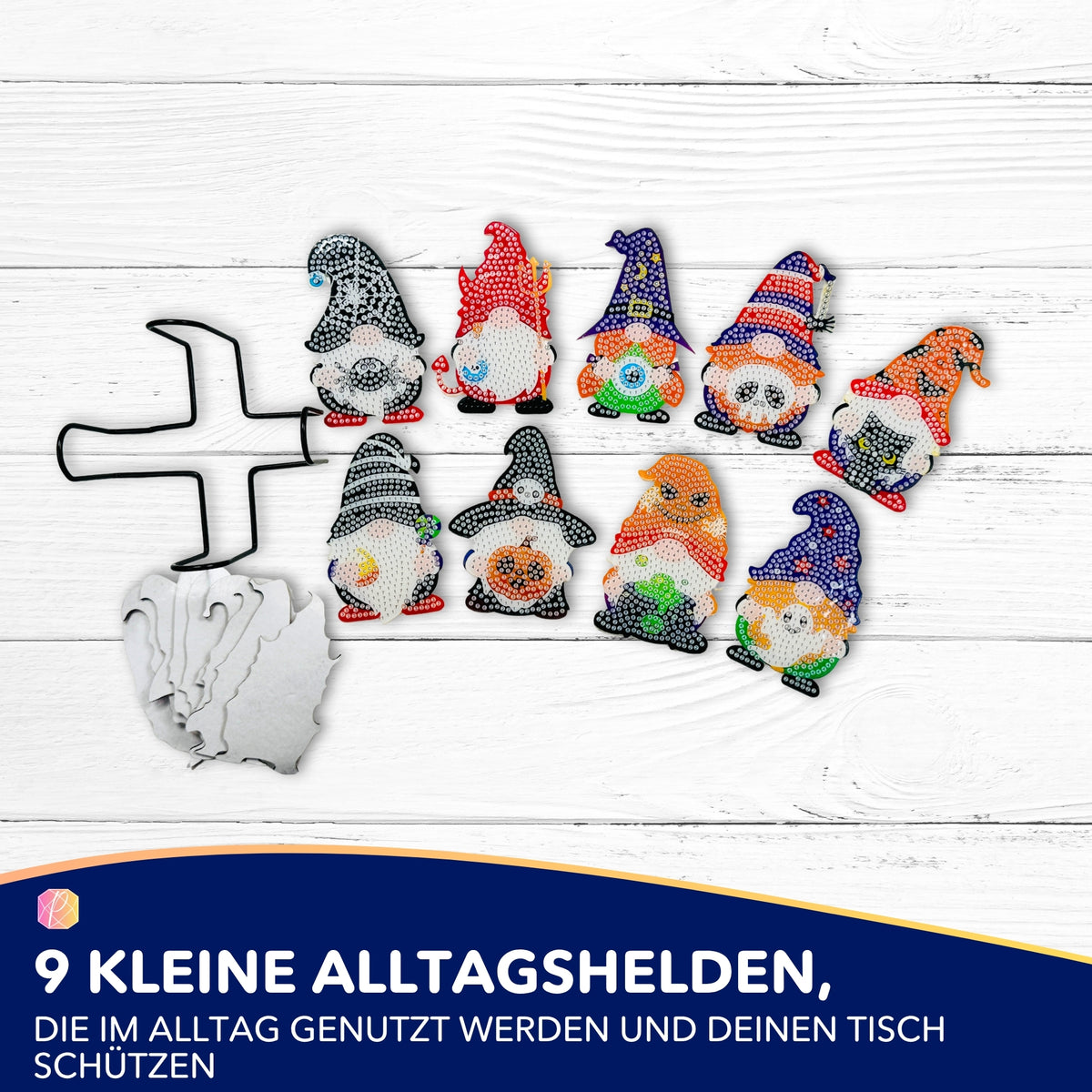 DIY Diamond Painting Halloween Untersetzer Set mit neun bunten Zwergen-Motiven und Halterung