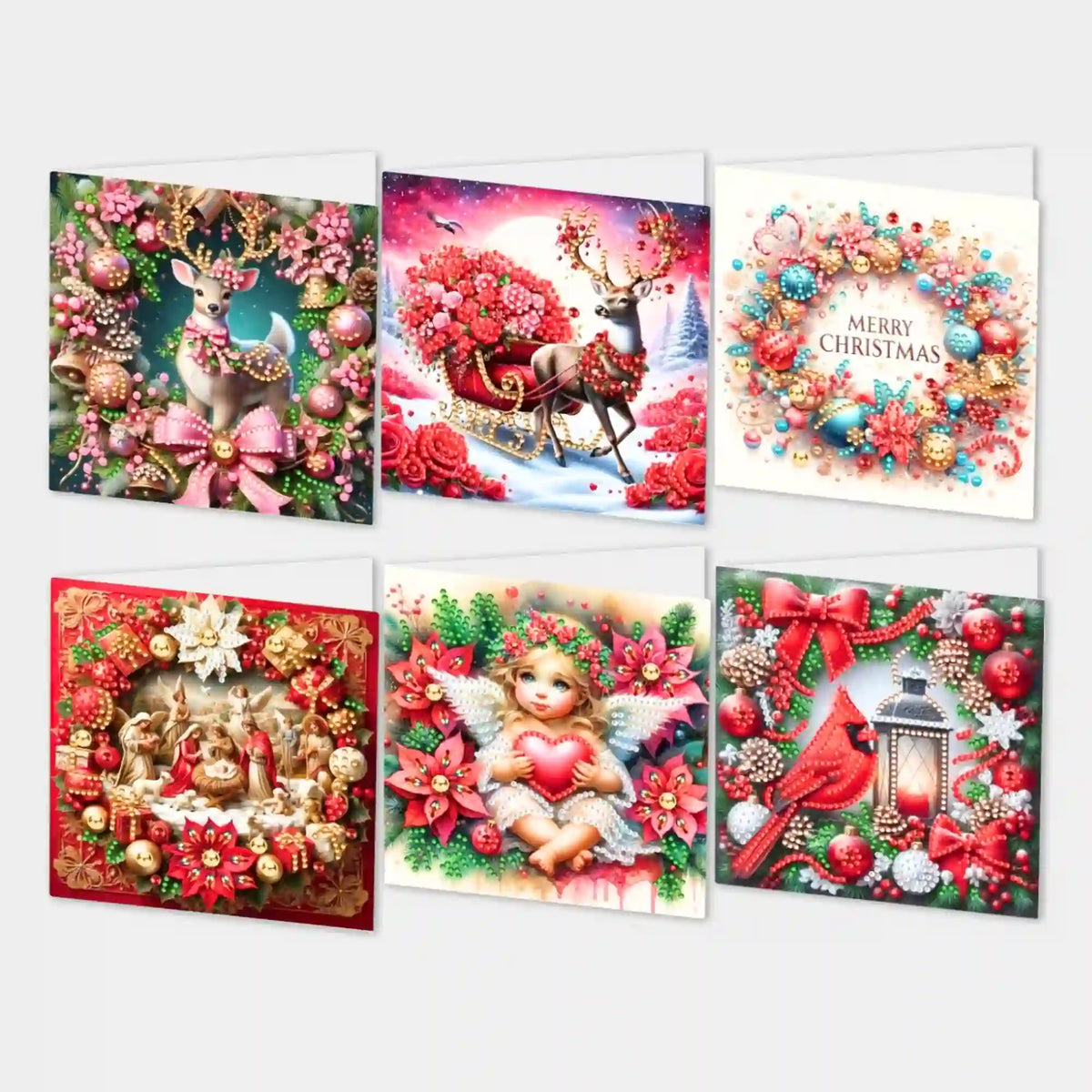 Set aus 6 funkelnden Diamond Painting Weihnachtskarten mit Rentier-, Engel- und Kranz-Motiven für DIY-Bastelspaß