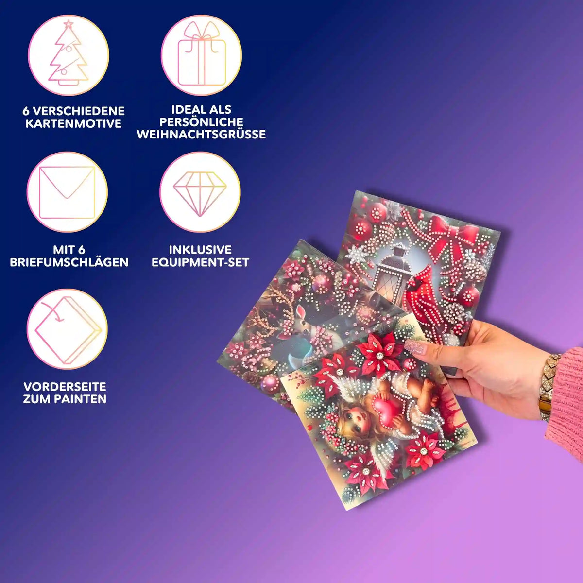 Diamond Painting Weihnachtskarten Set mit weihnachtlichen Motiven wie Rentier, Engel und Laterne zum Selberbasteln