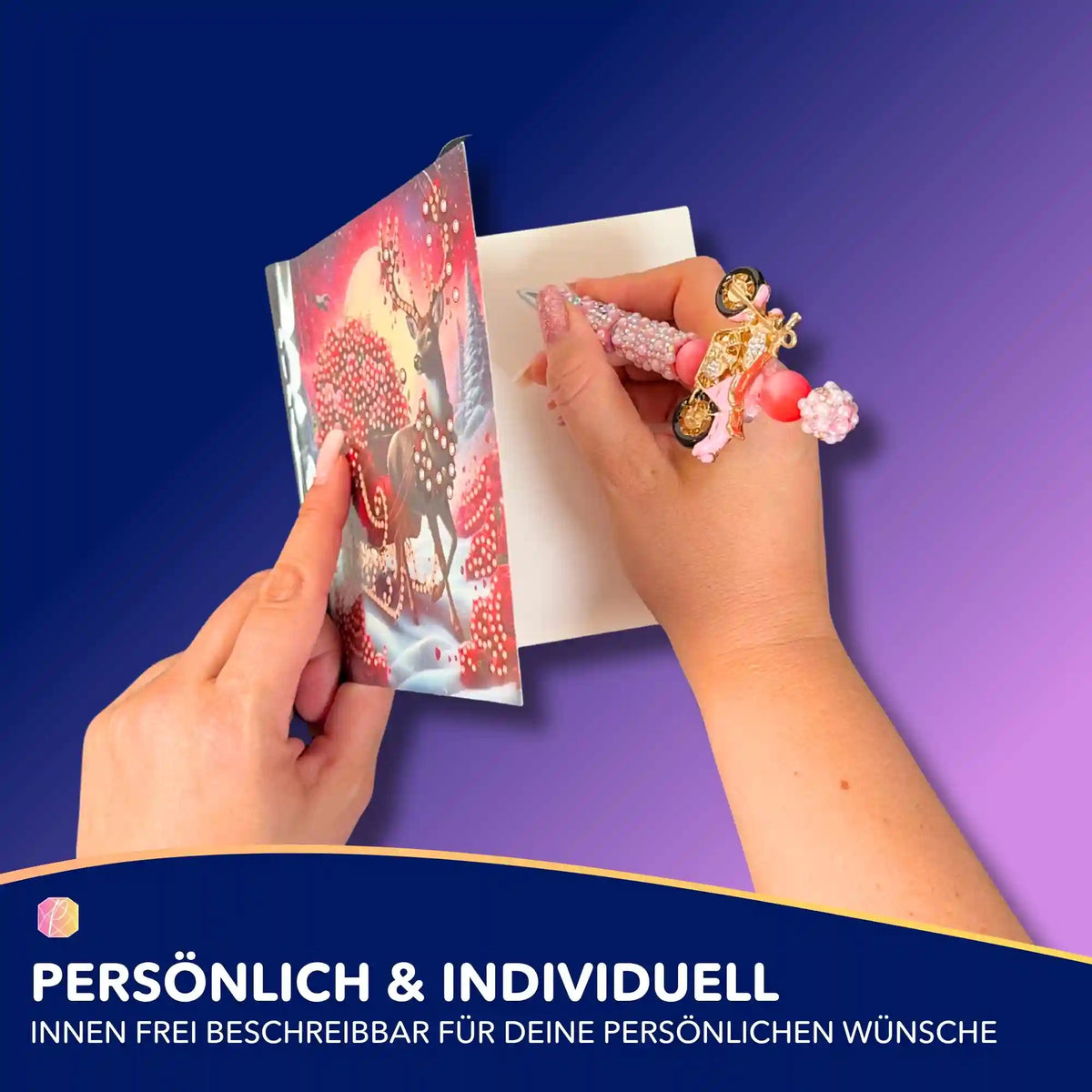 Diamond Painting Weihnachtskarte mit Rentier-Motiv und Glitzersteinen, innen beschreibbar mit einem Stift