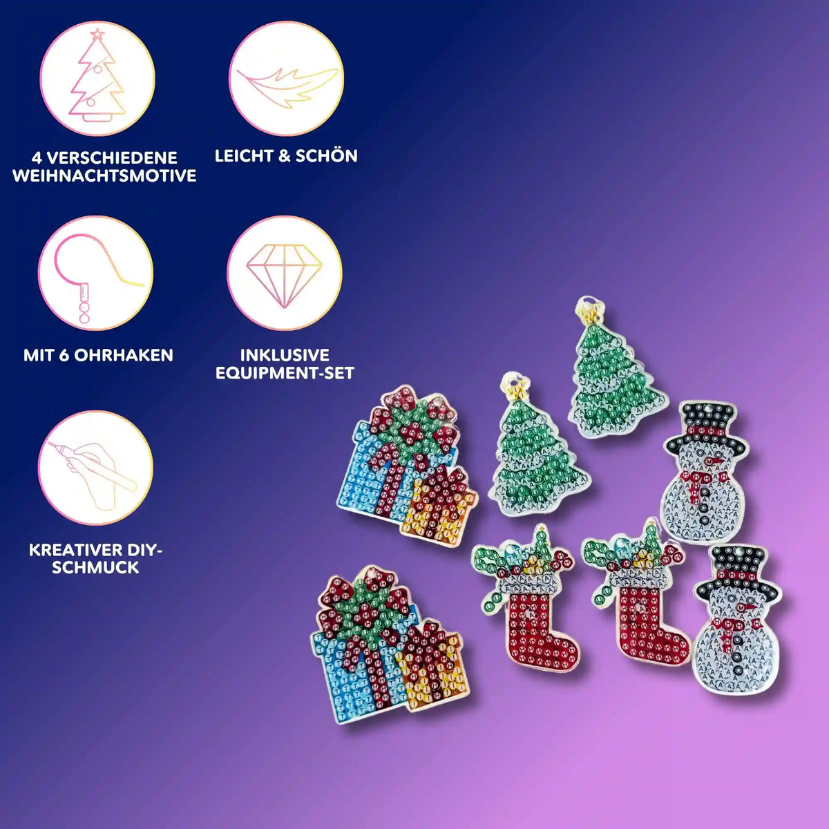 Diamond Painting Set für festliche DIY-Weihnachtsohrringe mit Schneemann-, Tannenbaum- und Geschenk-Motiven inkl. Zubehör