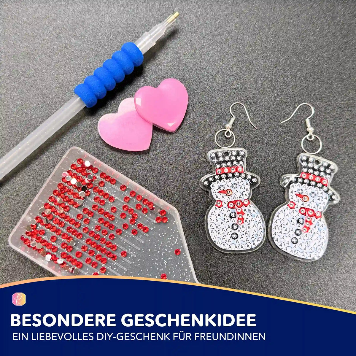 Diamond Painting Set für festliche Weihnachtsohrringe mit Schneemann-Motiv, Glitzersteinen und Bastelwerkzeug