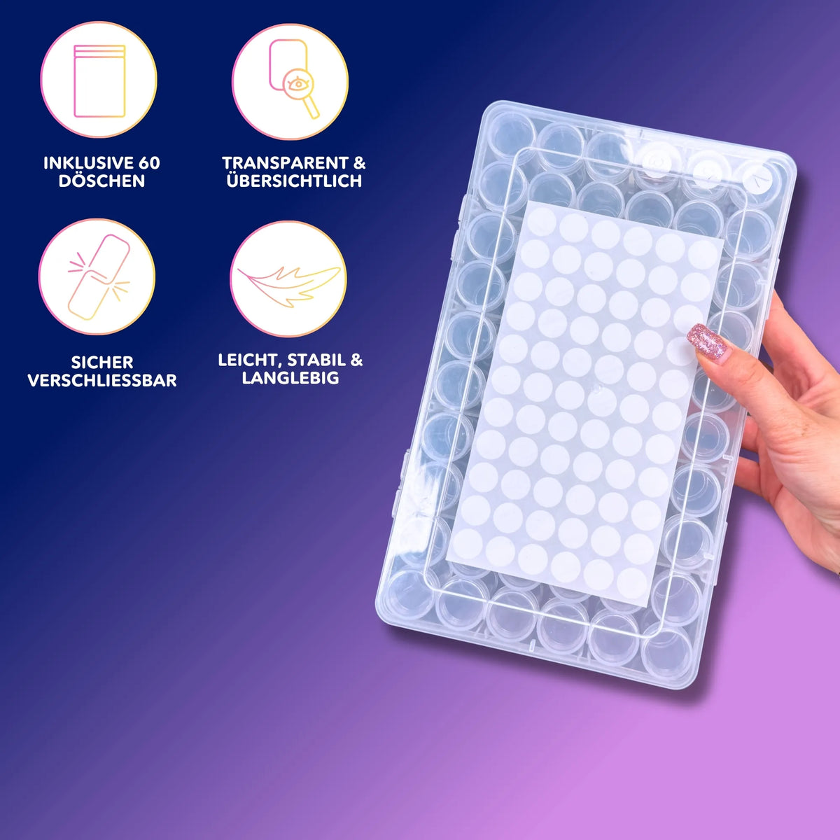 Transparente Diamond Painting Aufbewahrungsbox mit 60 Dosen inkl. Etiketten zur Organisation von Bastelsteinen.
