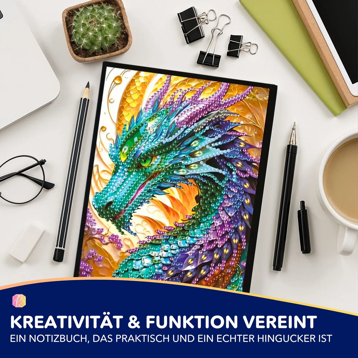 Diamond Painting Notizbuch mit buntem Drachen-Motiv, gestaltet mit glitzernden Steinchen auf dem A5 Hardcover.
