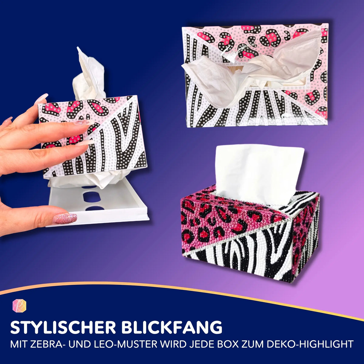Diamond Painting Taschentücher-Box mit funkelnden runden Strasssteinen in Zebra- und Leopardenmuster für DIY-Bastler