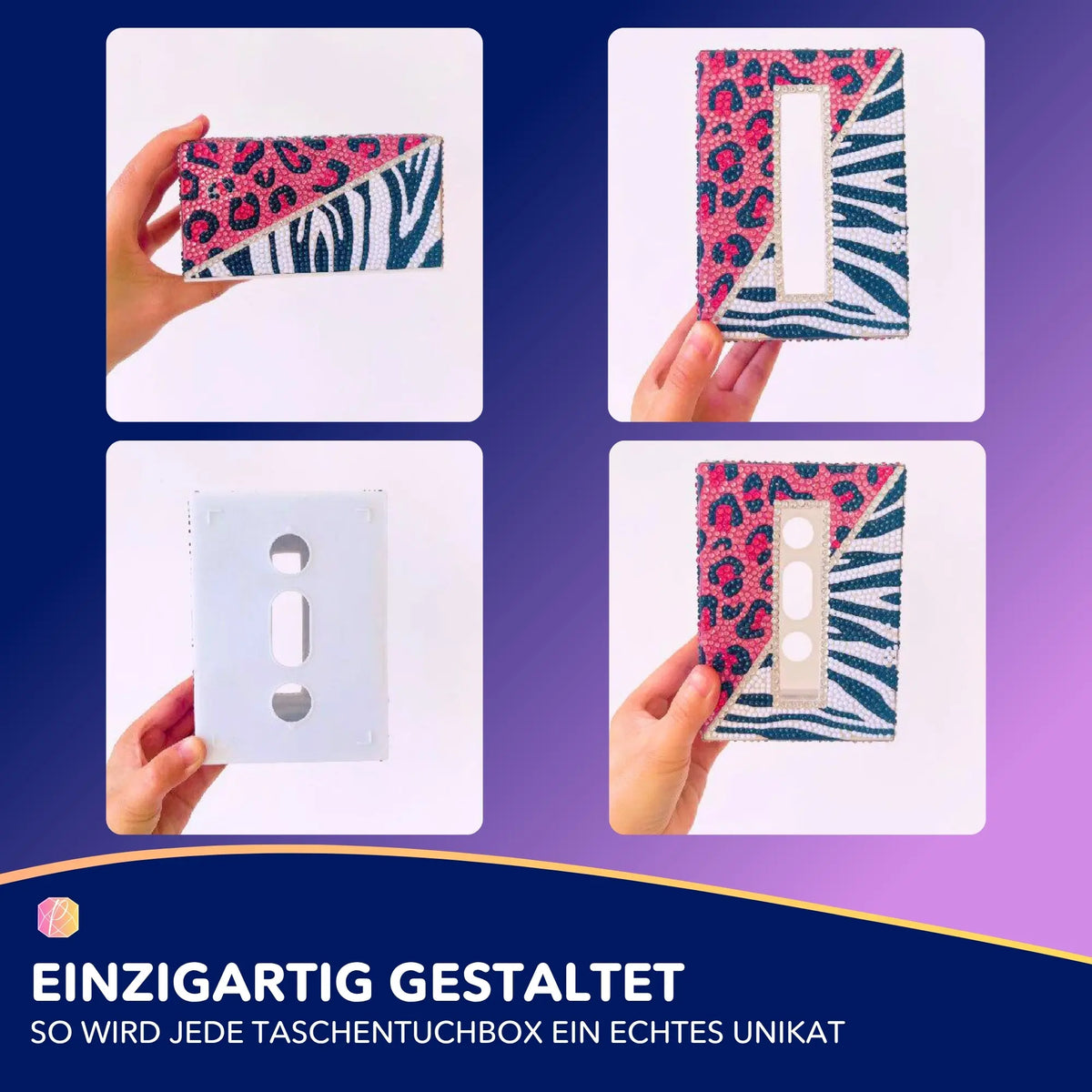 Diamond Painting Taschentücher Box mit buntem Tiermuster aus runden Strasssteinen als DIY-Zubehör
