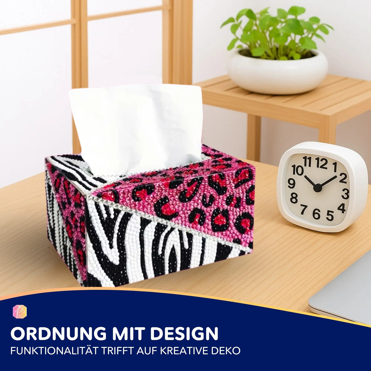 Diamond Painting Taschentücherbox mit Tiermuster verziert mit glitzernden runden Strasssteinen
