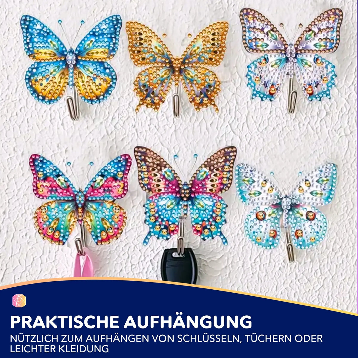 Bunte Diamond Painting Wandhaken mit funkelnden Schmetterlingsmotiven als dekorative DIY Aufhängung für Schlüssel