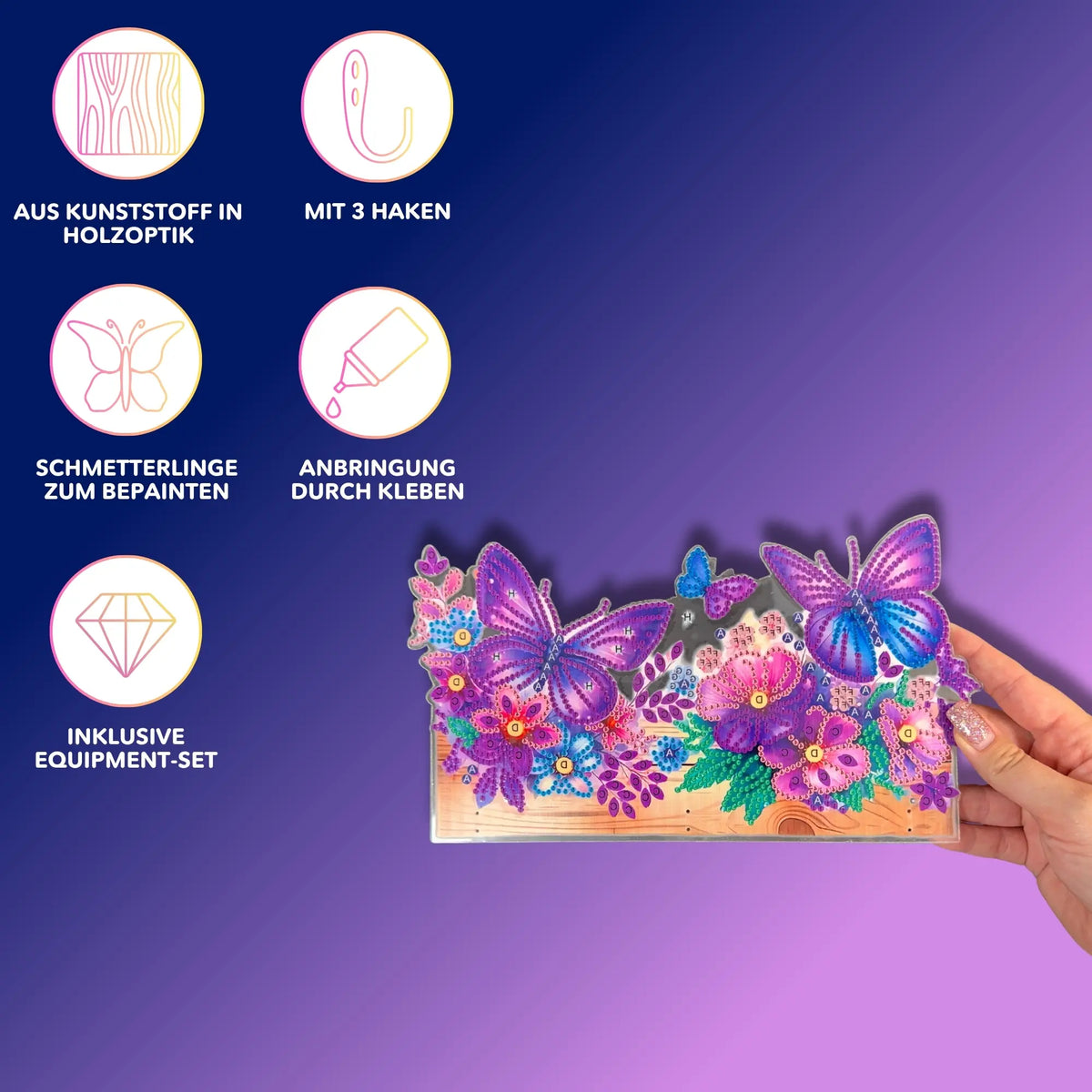 Diamond Painting Schlüsselbrett im Schmetterling-Design mit Glitzersteinen und Equipment-Set für kreative Wanddeko