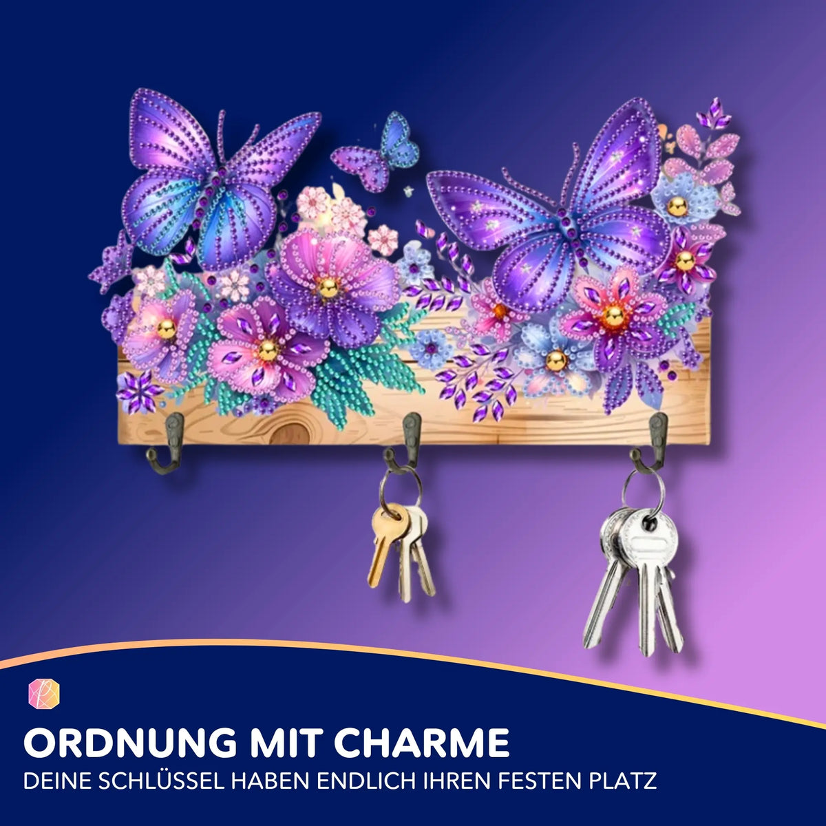 Funkelndes Diamond Painting Schlüsselbrett mit bunten Schmetterlingen und Blumen als dekorative Wandgestaltung