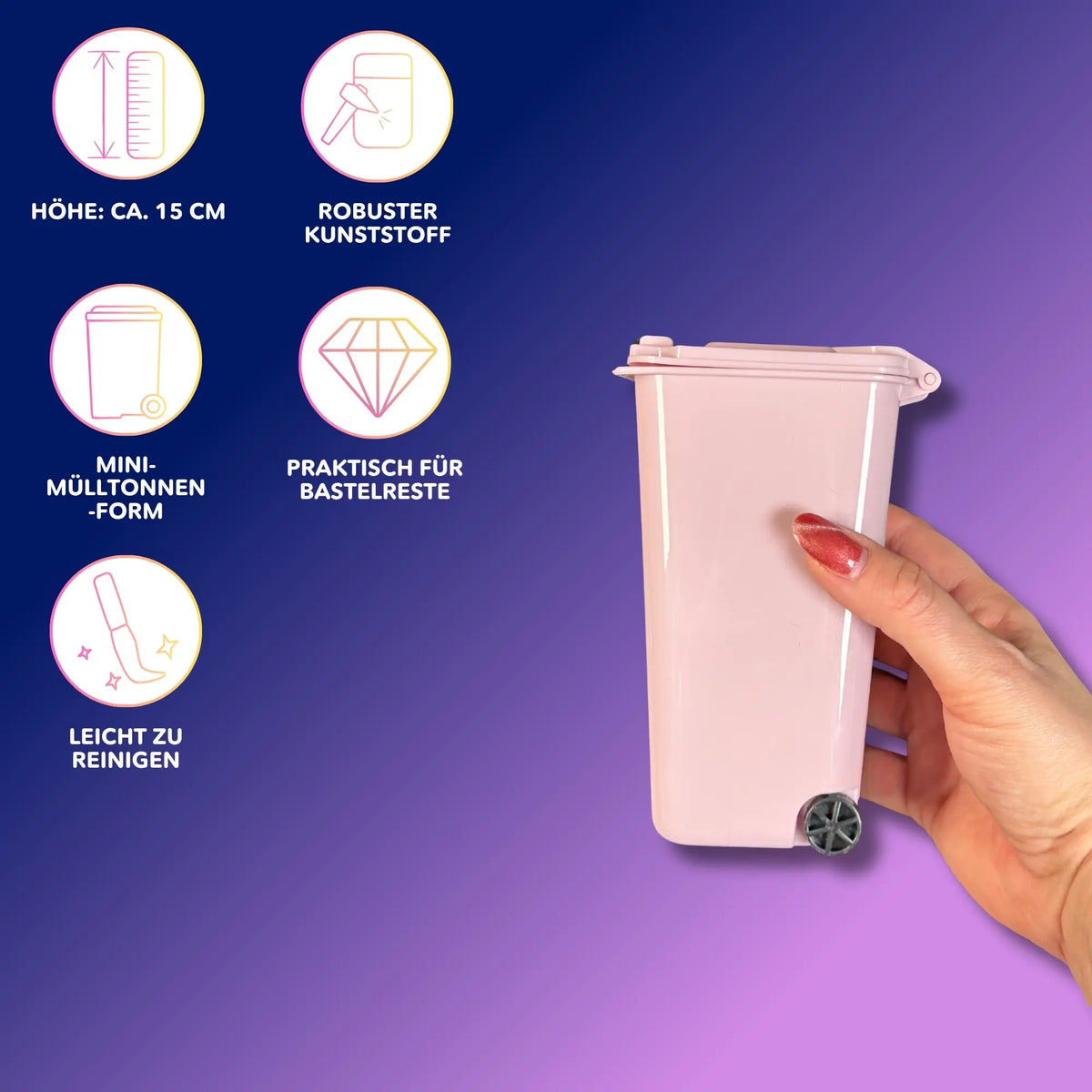 Rosa Mini-Mülltonne als praktisches Diamond Painting Zubehör für Bastelreste am Arbeitsplatz