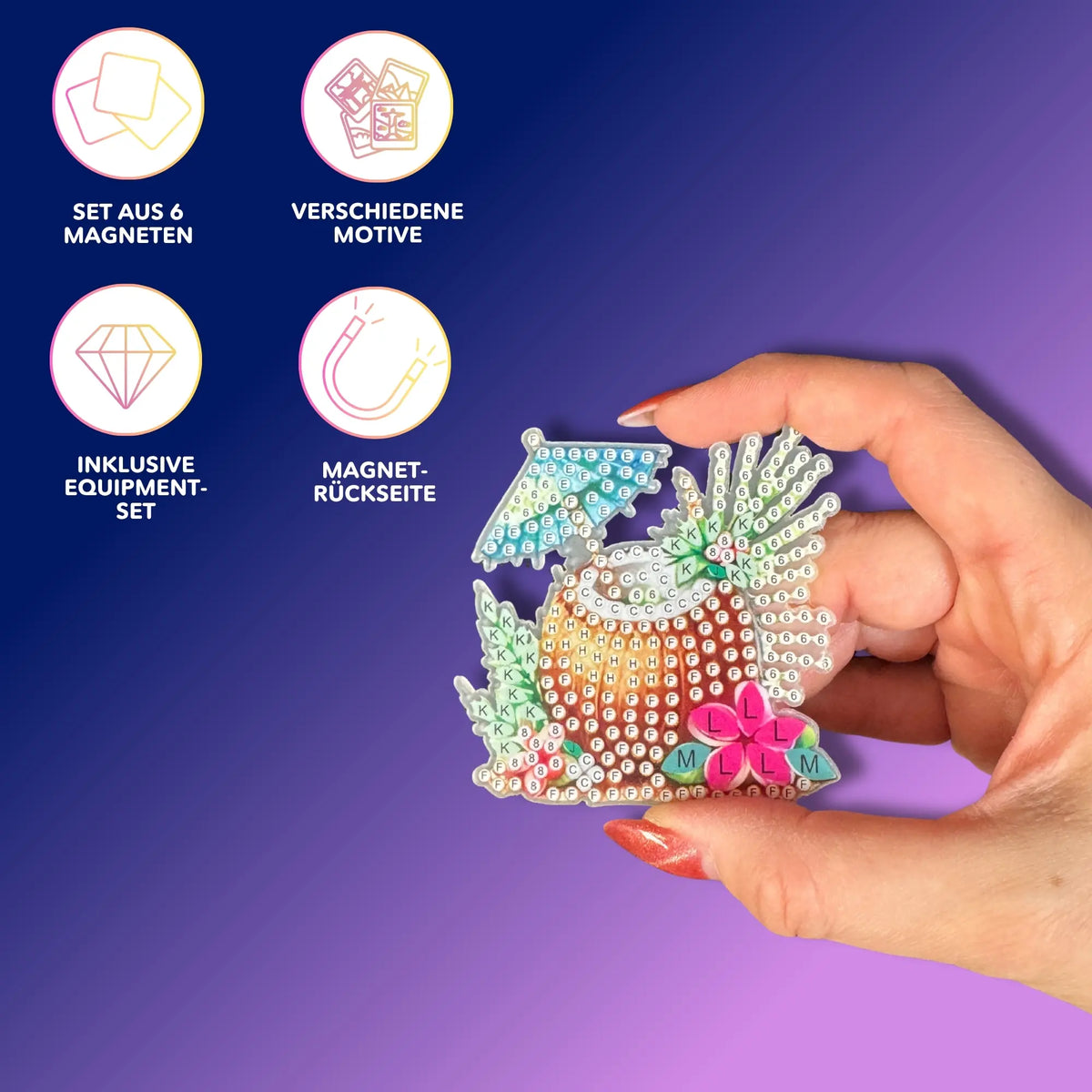 Diamond Painting Kühlschrankmagnet in Cocktail-Form mit DIY-Bastelset und Kennzeichnung der Farben