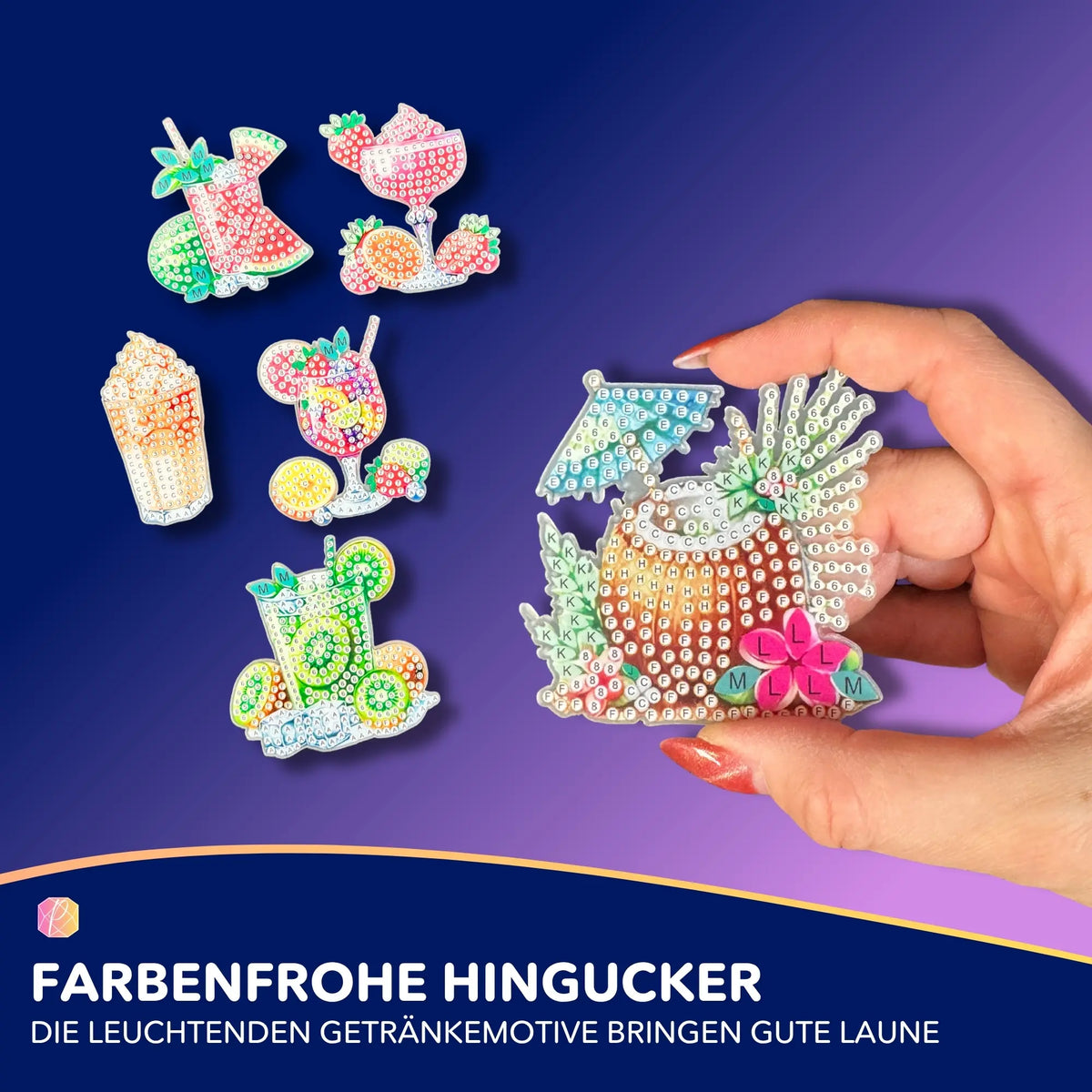 DIY Diamond Painting Magnete Set mit bunten Cocktail-Motiven zum Verzieren von Kühlschränken.