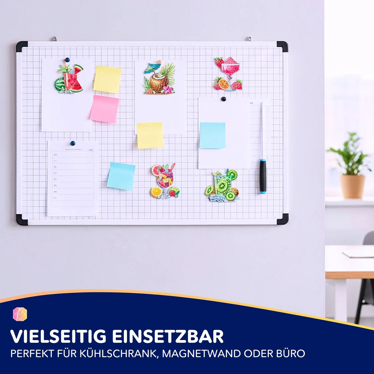 Bunte Diamond Painting Kühlschrankmagnete im Cocktail-Design an einer weißen Magnetwand mit Notizzetteln.