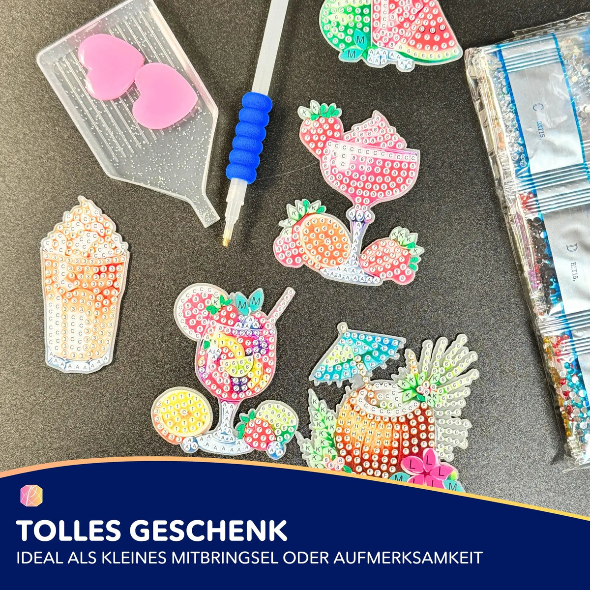 Diamond Painting Set mit Cocktail-Magneten zum selber Basteln inkl. Zubehör und bunten Glitzersteinen