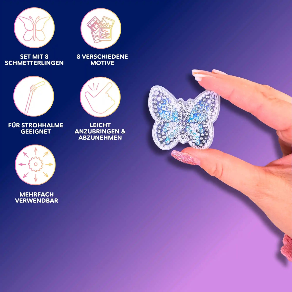 Diamond Painting Becherverschluss als Schmetterling mit Glitzersteinen für Trinkbecher und Strohhalme im 8er Set