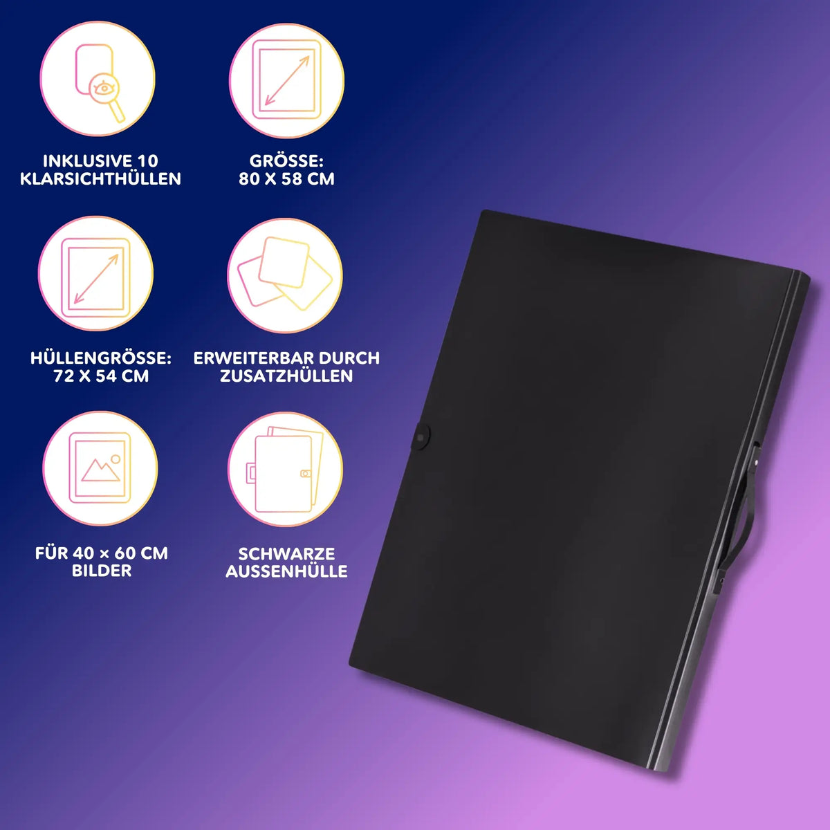 Schwarze Diamond Painting Sammelmappe zur Aufbewahrung von Kunstwerken inklusive 10 Klarsichthüllen und Tragegriff