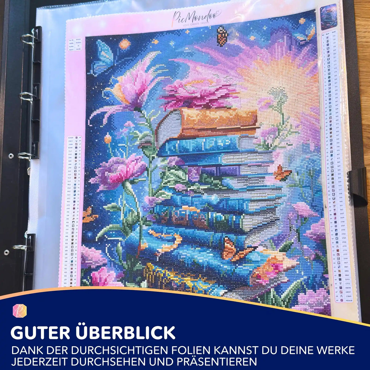 Fertiges Diamond Painting Bild in einer klaren Sammelmappe zur sicheren Aufbewahrung und Präsentation deiner Kunstwerke.