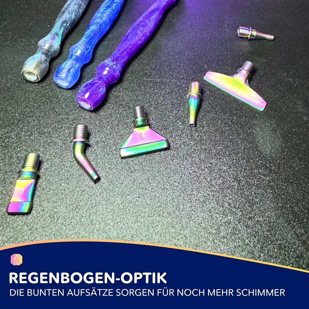 Glitzerstifte Set für Diamond Painting mit drei Stiften und verschiedenen bunten Mehrfachaufsätzen in Regenbogen-Optik