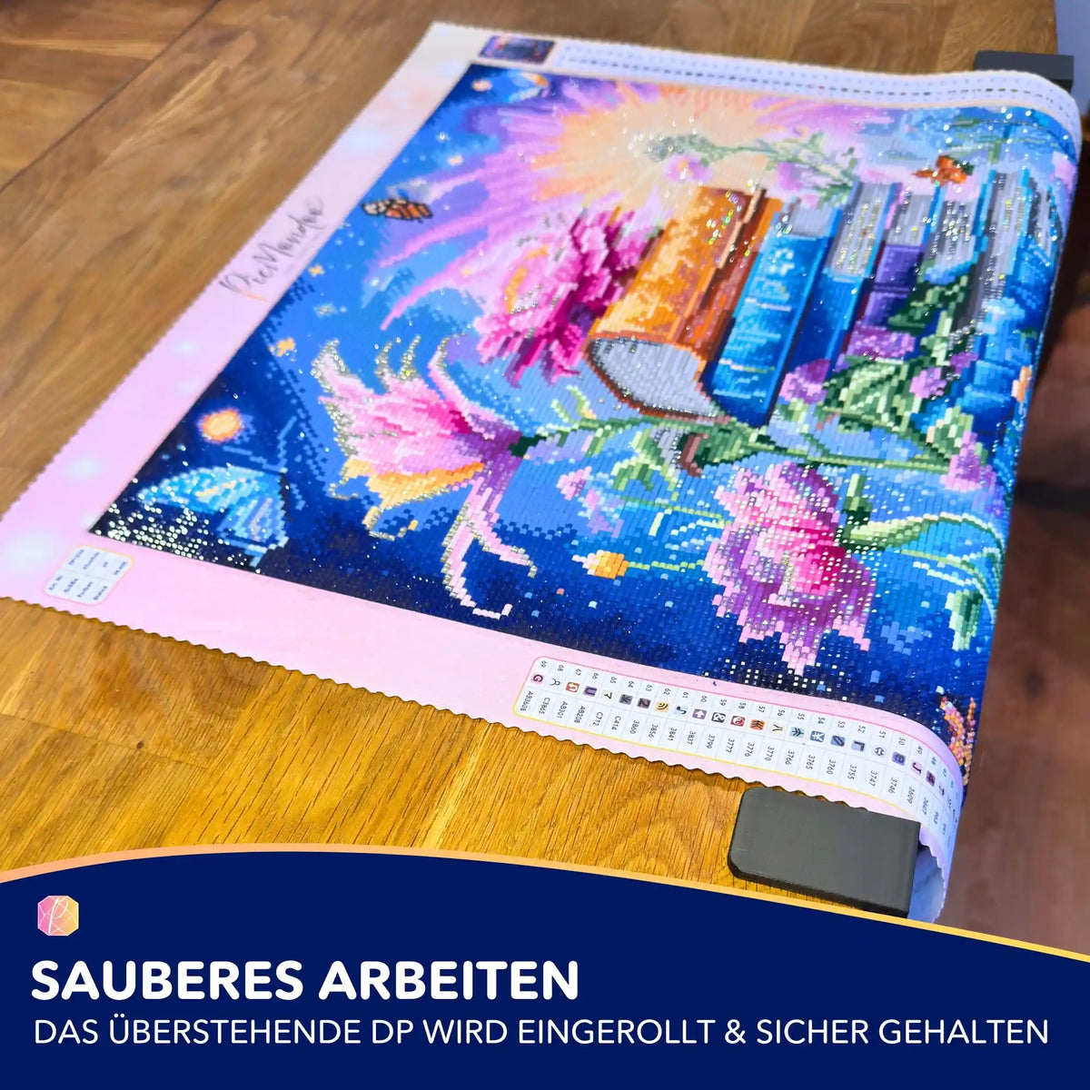 Tischklemme fixiert aufgerollte Diamond Painting Leinwand sicher für ordentliches Arbeiten am Kunstwerk