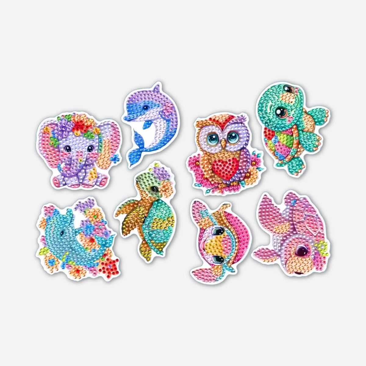 Bunte Diamond Painting Sticker Set mit süßen Tiermotiven wie Elefant, Eule, Delfin und Schildkröte zum Basteln