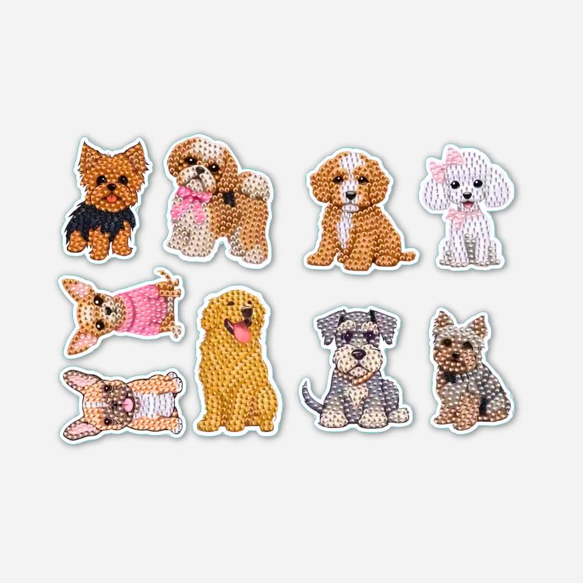 DIY Diamond Painting Sticker Set mit süßen, glitzernden Hunde-Motiven zum Verzieren von Gegenständen.