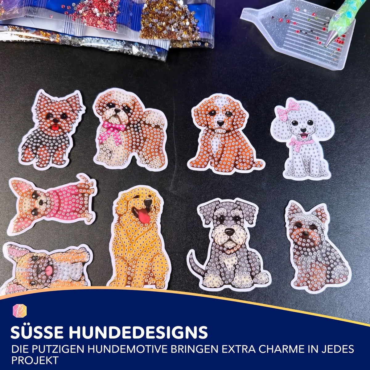 Diamond Painting Sticker Set mit süßen Hunde-Motiven aus bunten Glitzersteinen, inklusive Werkzeug und Diamant-Tütchen.