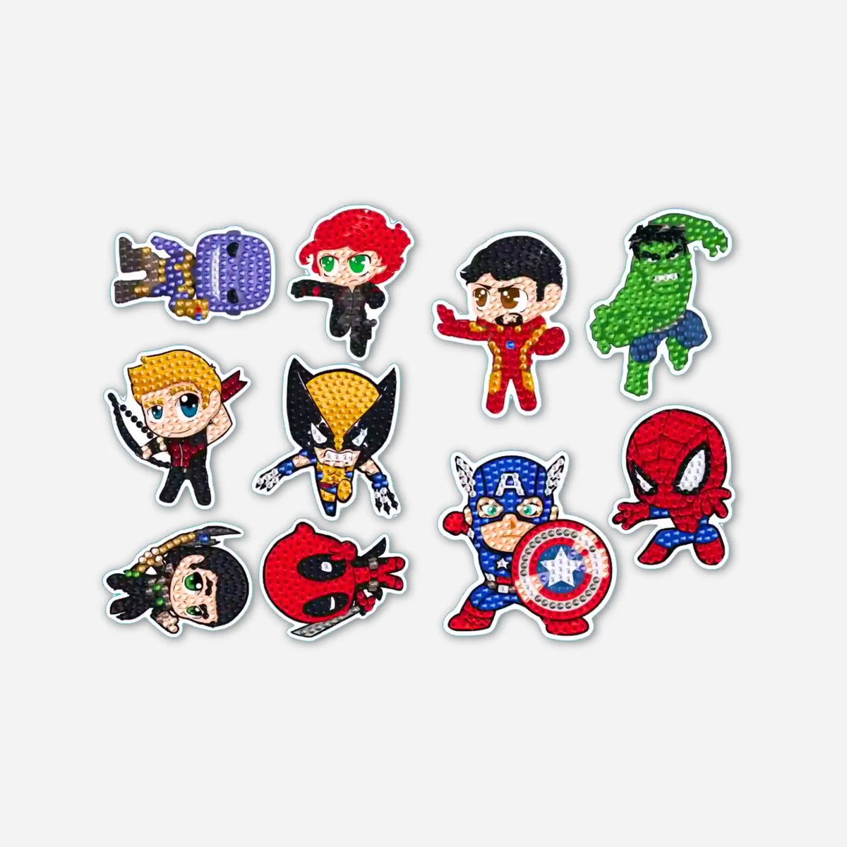 Bunte Diamond Painting Sticker mit Superhelden Motiven wie Hulk und Spider-Man für Kinder und DIY-Fans.