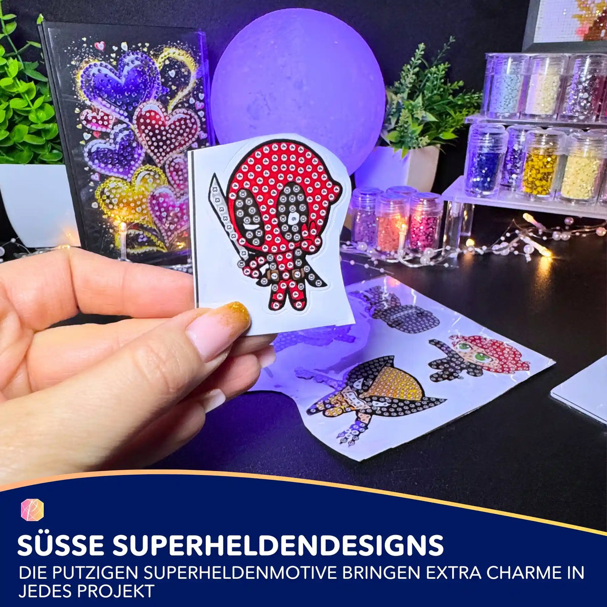 Diamond Painting Sticker Set mit niedlichem Superheld als DIY-Bastelprojekt für Kinder und Erwachsene