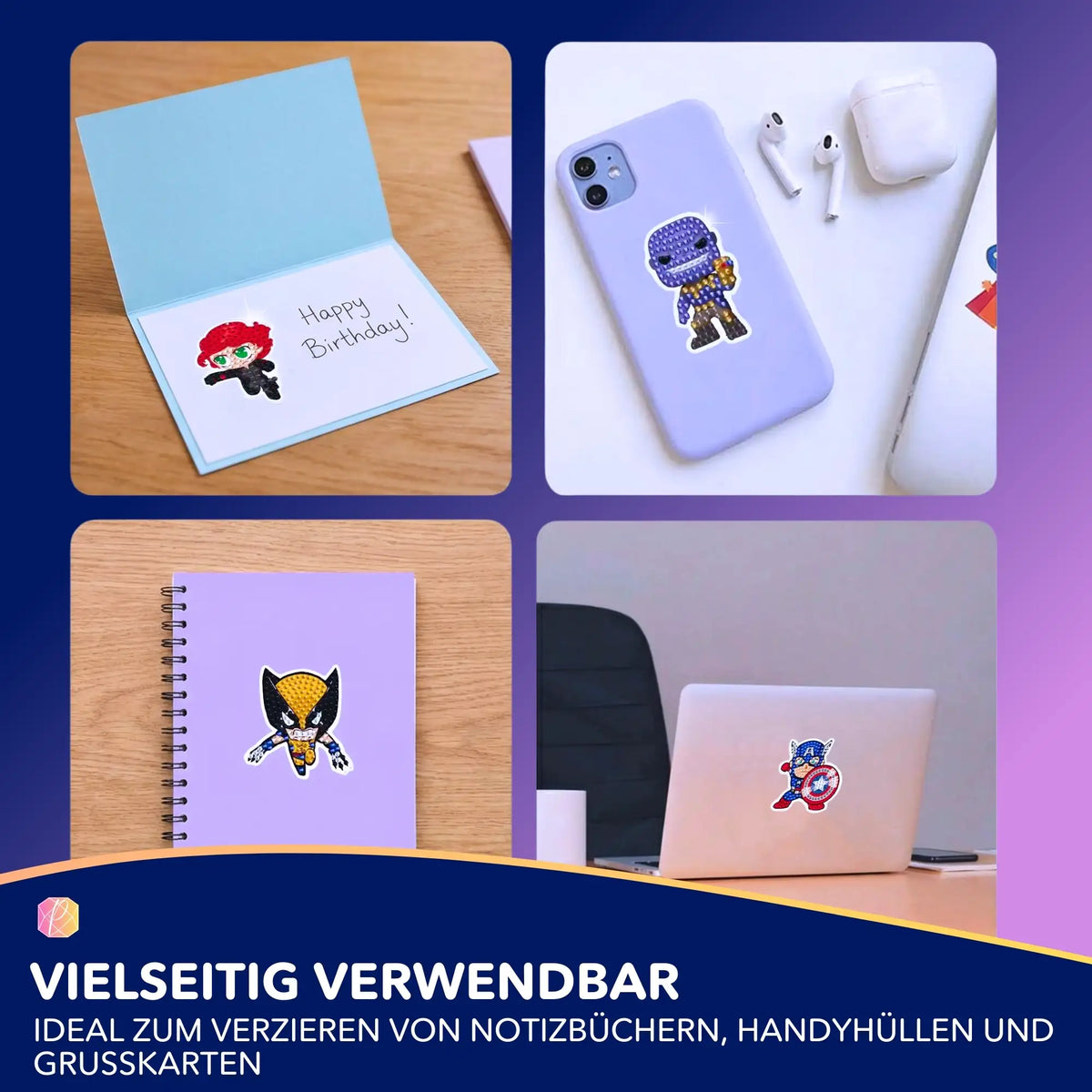 Diamond Painting Sticker Set mit Superhelden-Motiven auf Handyhülle, Notizbuch und Geburtstagskarten