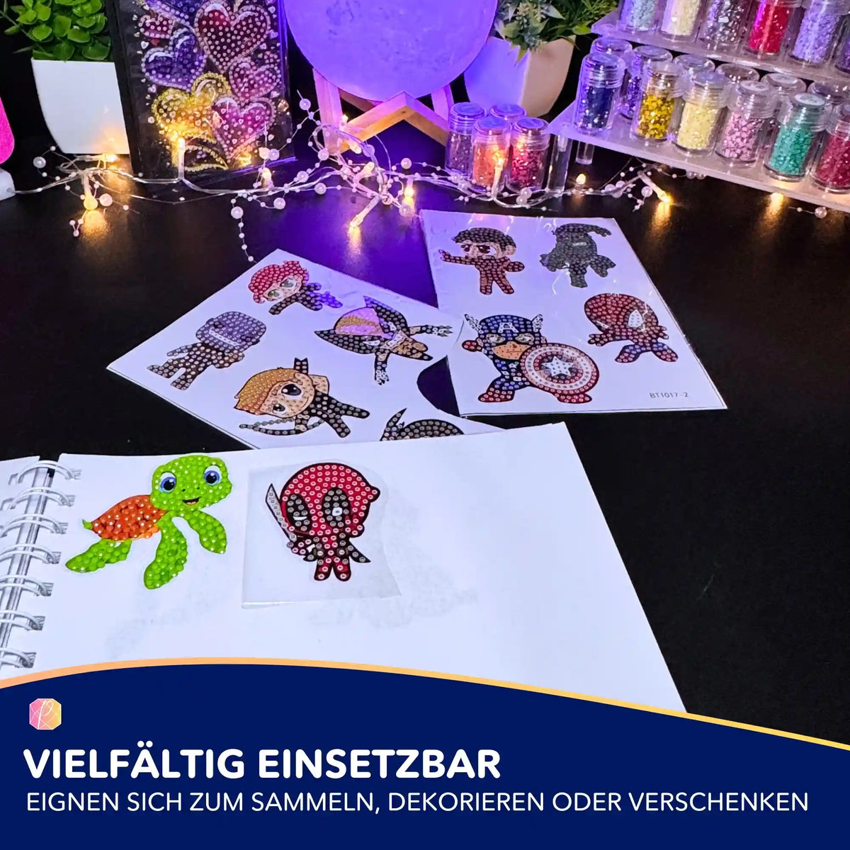 Buntes Diamond Painting Sticker Set mit niedlichen Superhelden-Motiven zum Verzieren und Basteln für Kinder