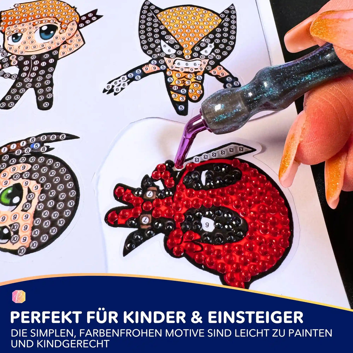 Diamond Painting Sticker Set mit Superhelden-Motiven und glitzernden Steinen, perfekt für Kinder und Einsteiger.
