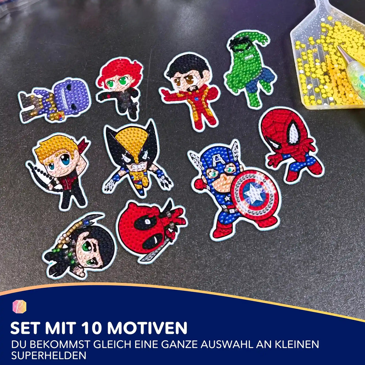 DIY Diamond Painting Sticker Set mit bunten Superhelden-Motiven zum Basteln und Dekorieren
