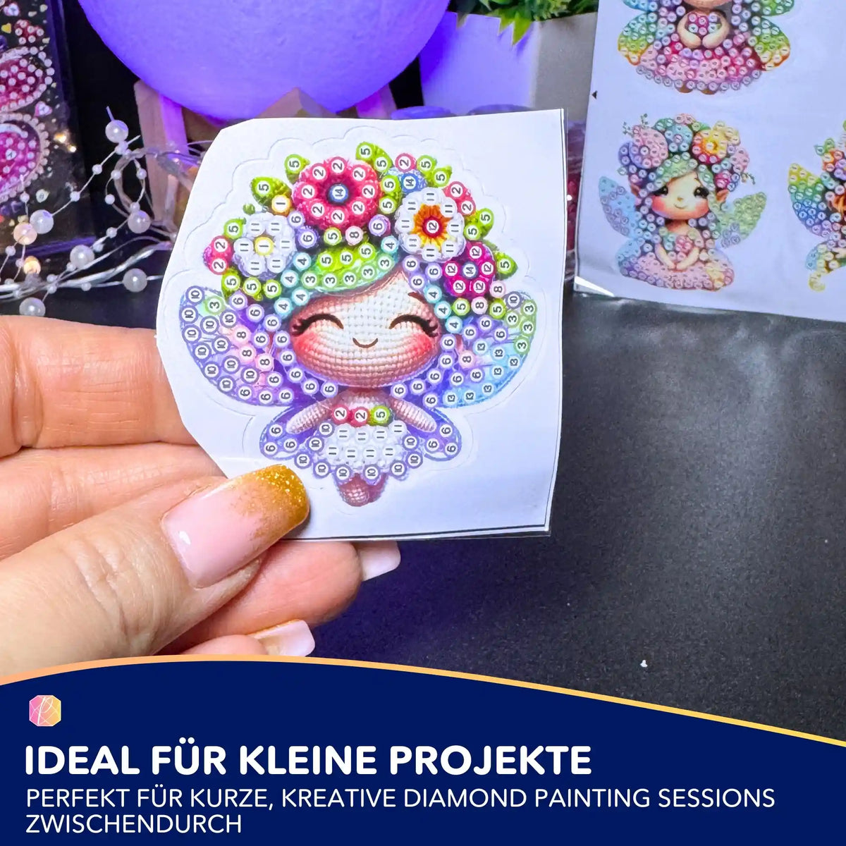 Diamond Painting Sticker Motiv Blumenfee mit glitzernden Steinen als kreatives DIY-Set für Kinder und Anfänger