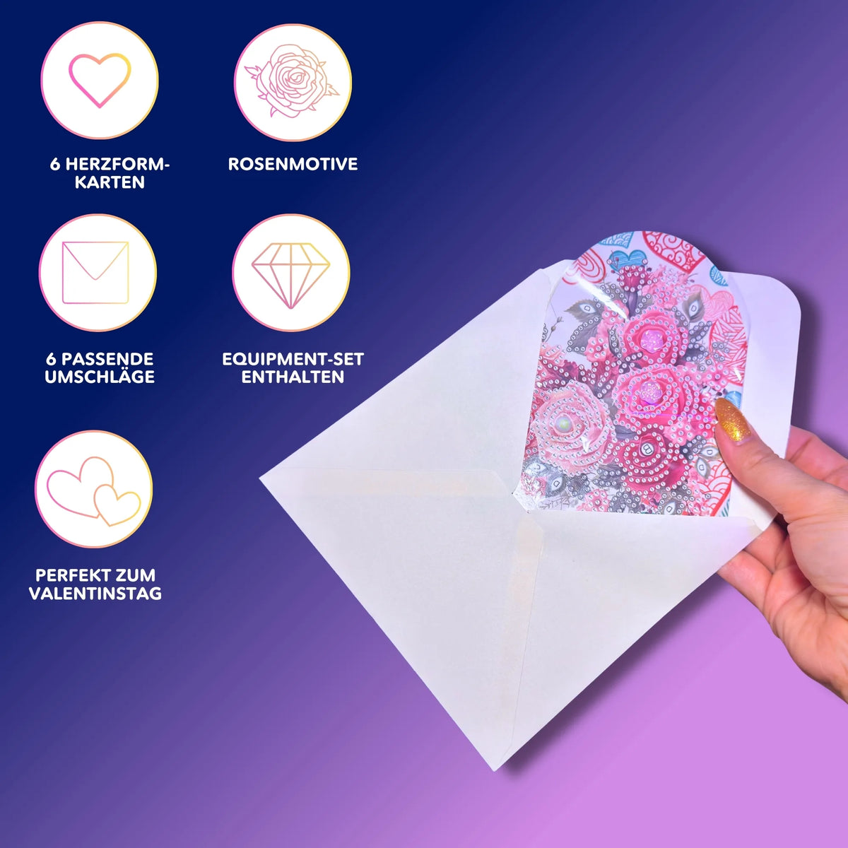 Diamond Painting Geschenkkarten mit Rosenmotiv im Umschlag, perfekt als DIY Valentinstag Geschenk mit funkelnden Steinen.