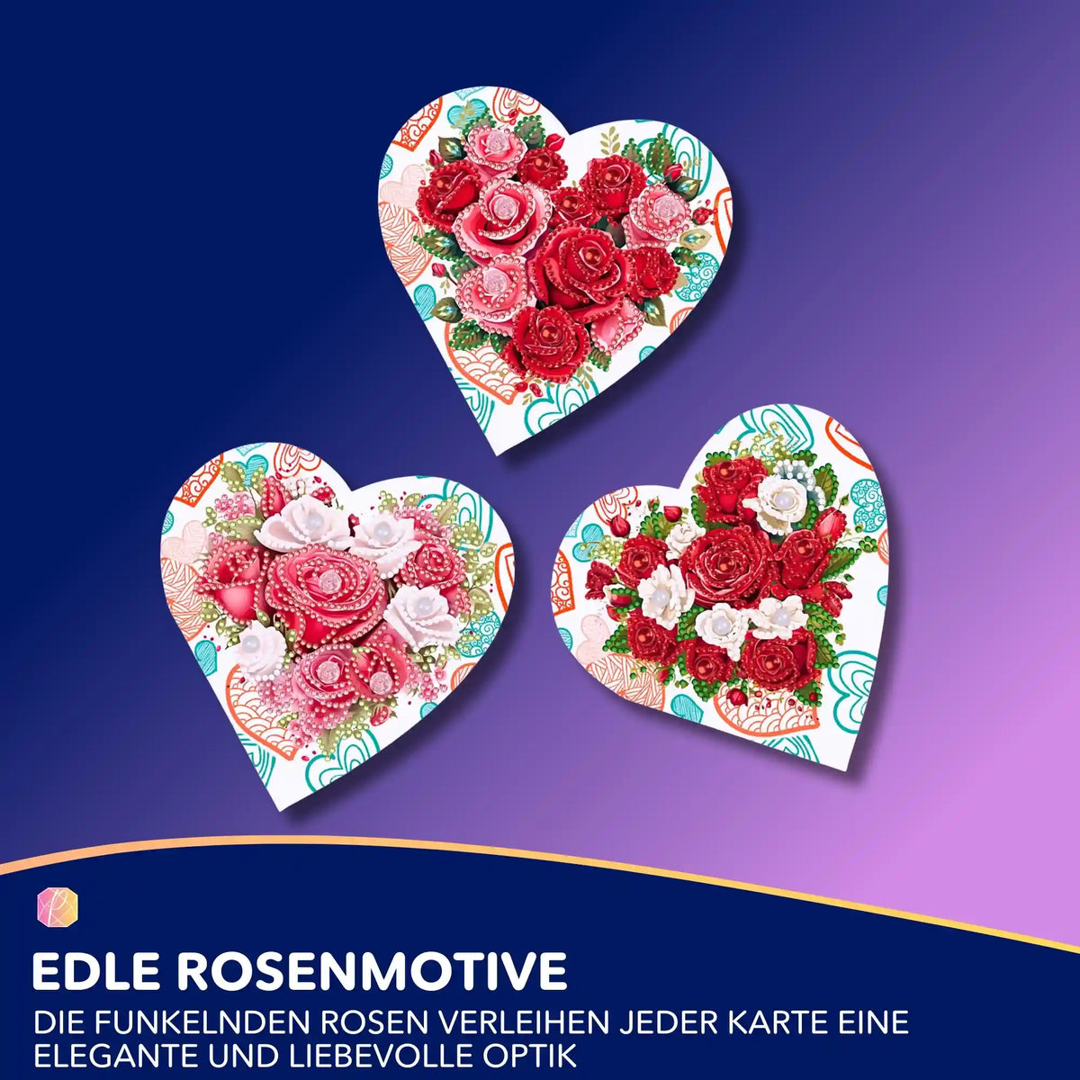 Drei herzförmige Diamond Painting Geschenkkarten mit funkelnden roten Rosenmotiven für kreative DIY-Liebesgrüße.