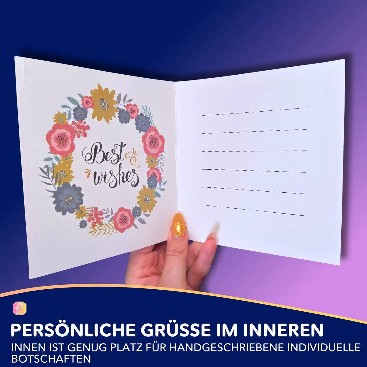 Innenansicht einer Diamond Painting Glückwunschkarte mit Blumenkranz und Best Wishes Schriftzug zum Selbstgestalten