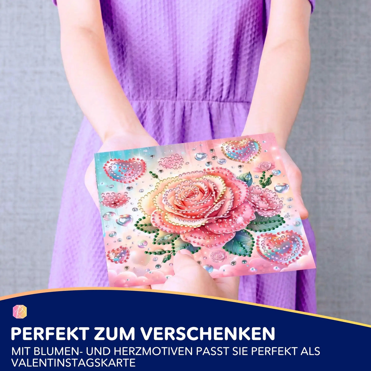 Diamond Painting Glückwunschkarte mit Rosenmotiv und glitzernden Diamanten zum Selbergestalten als DIY-Geschenk