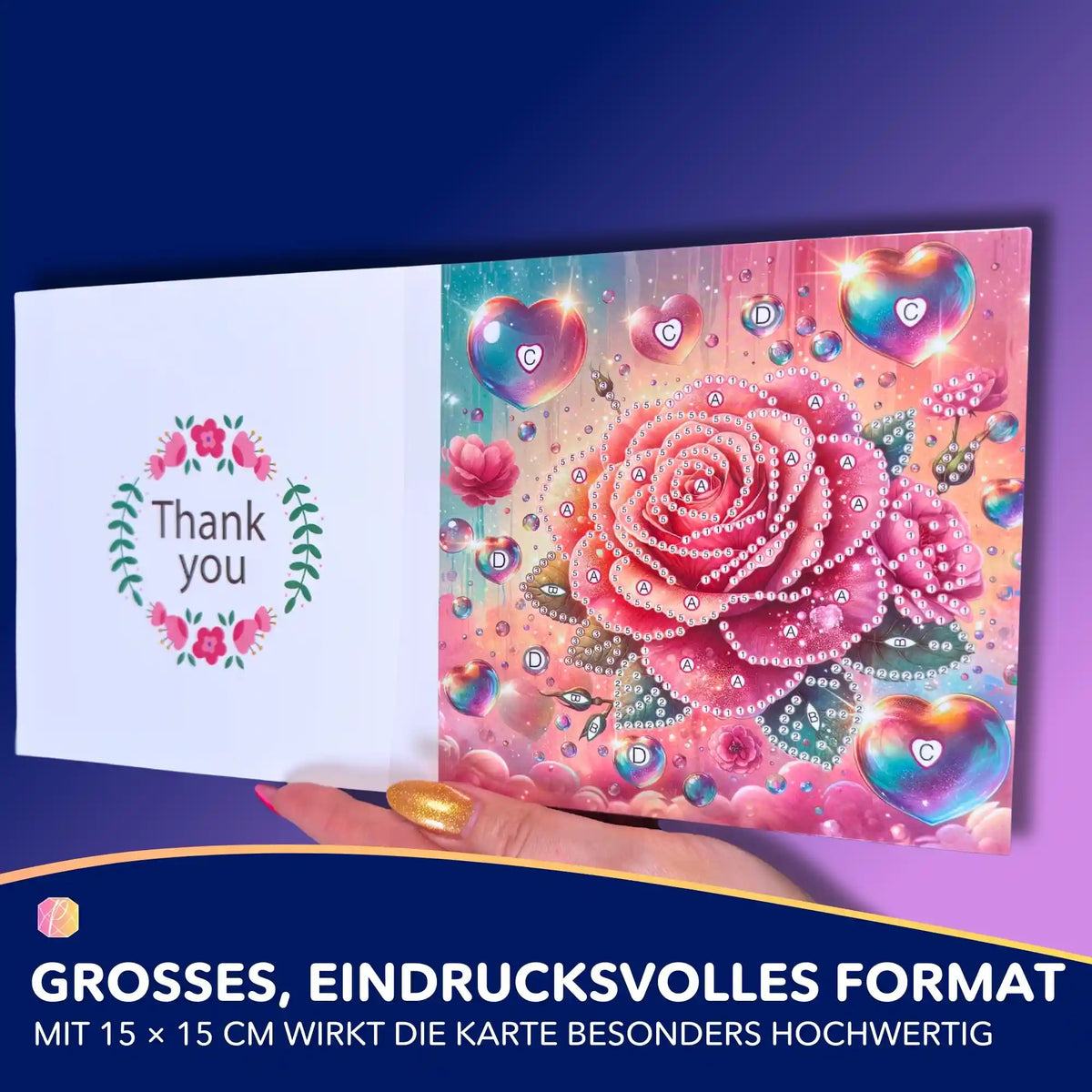 Diamond Painting Glückwunschkarte mit Rosenmotiv und Herz-Symbolen zum Selbstgestalten im 15x15 cm Format