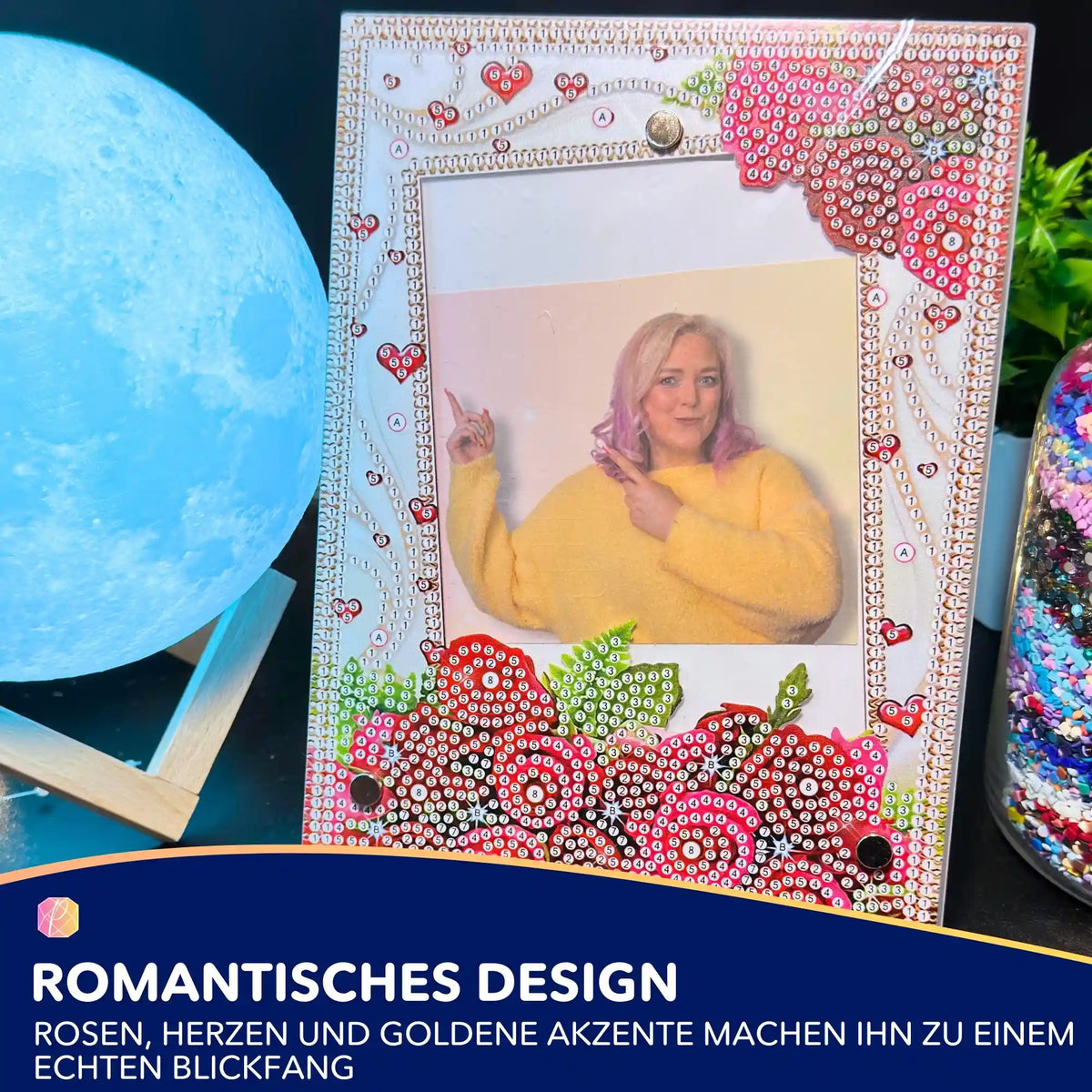 Diamond Painting Bilderrahmen mit Rosen-Motiv zum Selbstgestalten, 15x20cm Rahmen für Fotos mit funkelnden Steinen