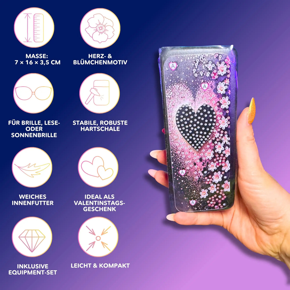 Diamond Painting Brillenetui mit Herz- und Blumenmotiv – stabiles DIY Set zum Selbstgestalten für Brillen