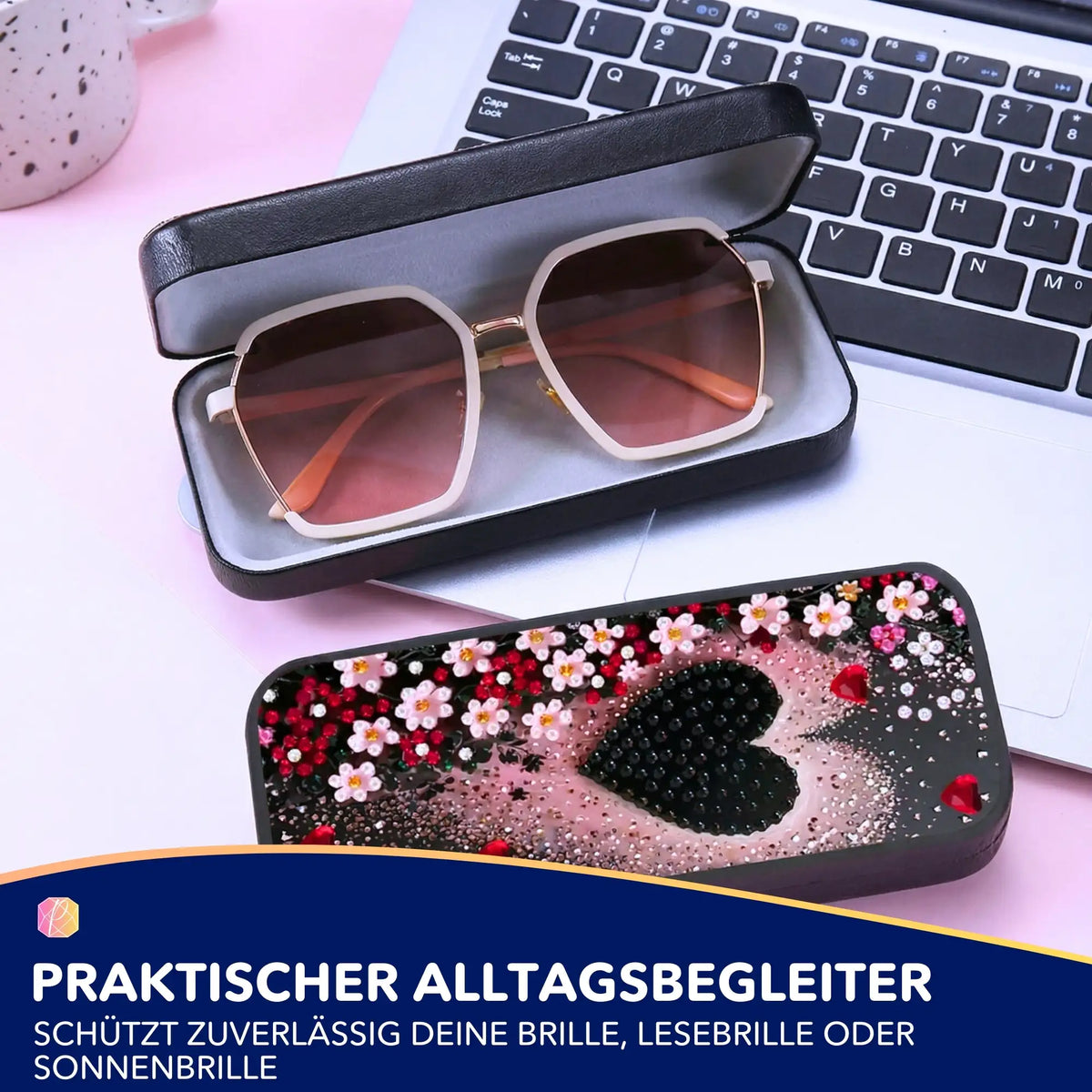 Diamond Painting Brillenetui mit Herz-Motiv und Blumen-Design als glitzerndes DIY-Projekt zur Aufbewahrung.