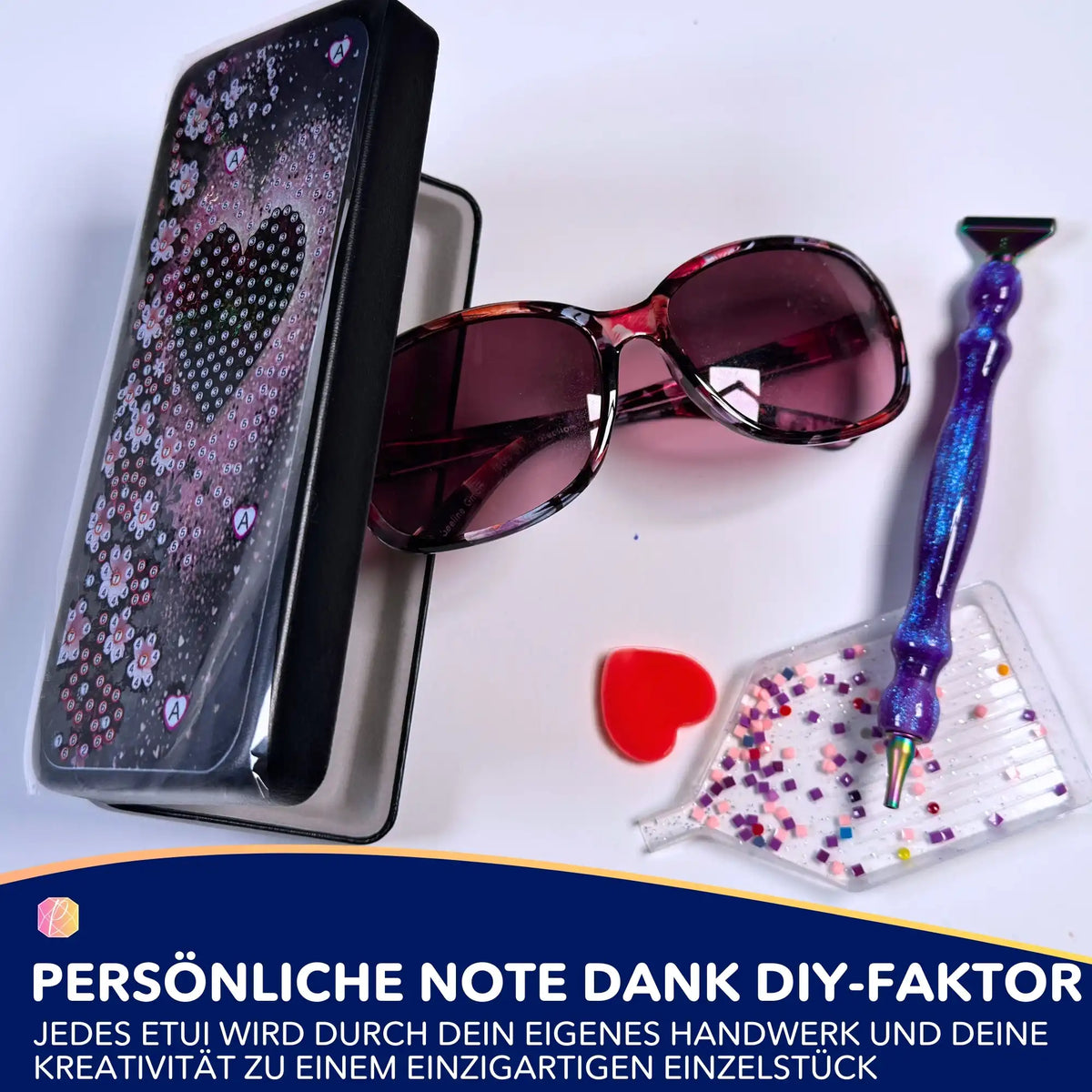 Diamond Painting Brillenetui mit Herz-Motiv, Sonnenbrille und glitzerndem Diamond Painting Set Zubehör