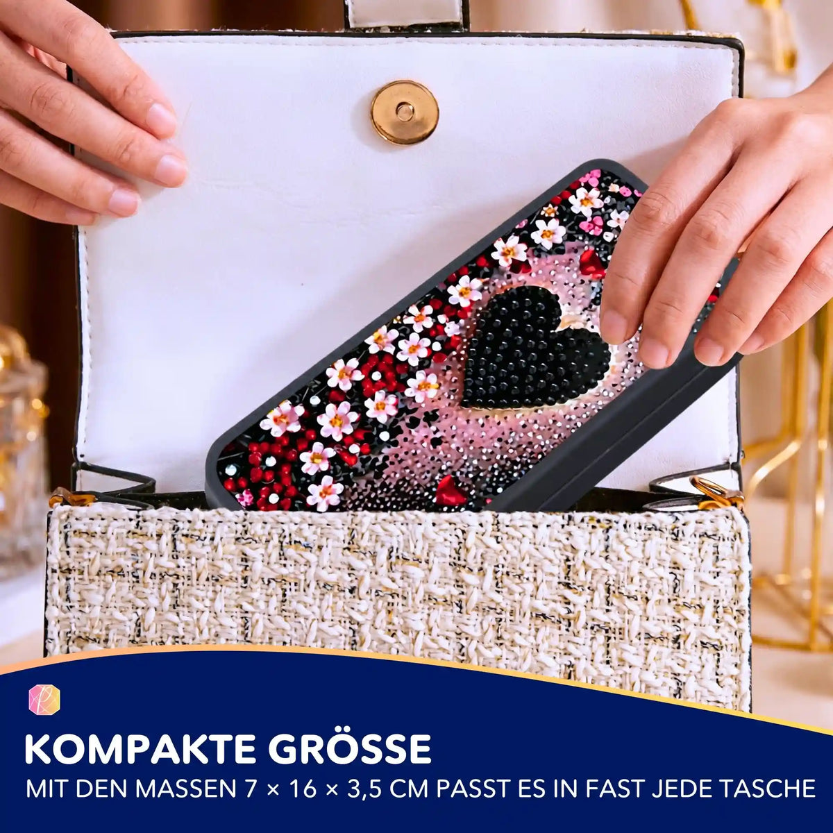 Diamond Painting Brillenetui mit Herz- und Blumenmotiv aus glitzernden Steinen als DIY-Set für Handtaschen