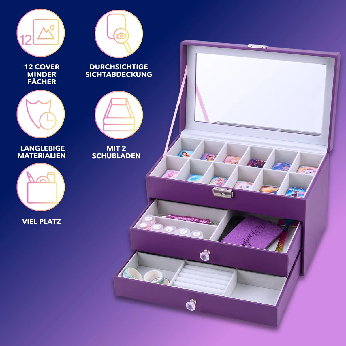 Violette Diamond Painting Truhe mit zwei Schubladen zur ordentlichen Aufbewahrung von Zubehör und Cover Mindern