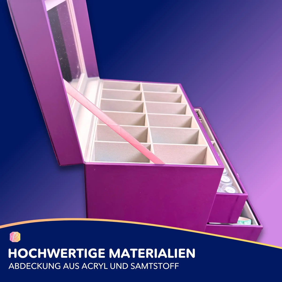 Violette Diamond Painting Truhe mit Fächern zur organisierten Aufbewahrung von Zubehör, Steinen und Cover Mindern.