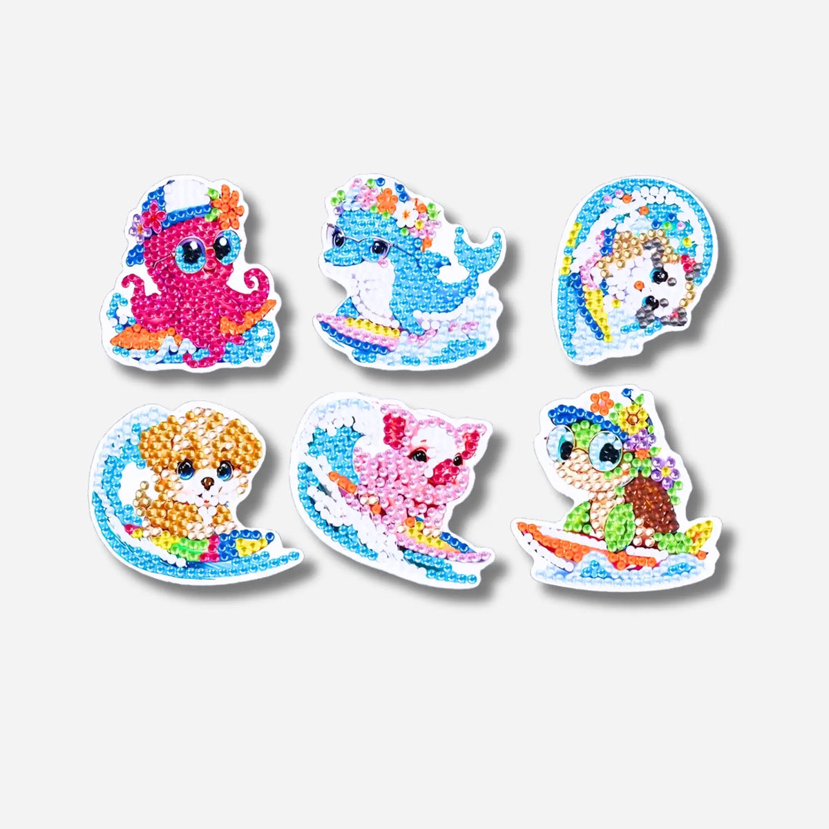 Diamond Painting Sticker Set mit bunten, surfenden Tieren wie Oktopus und Delfin für kreative DIY-Projekte.