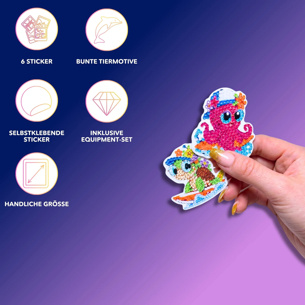 Bunte Diamond Painting Sticker mit süßen surfenden Tieren als DIY Set für Kinder